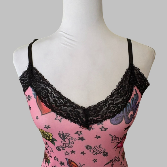 Dolls Kill Delias Tattoo Print Lace Trim Mini Slip Dress - Picture 5 of 8
